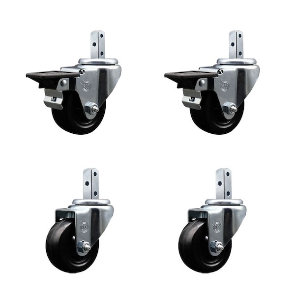 3'' Hard Rubber Wheel Swivel 3/4'' Square Stem Caster Set 2 Brakes, 4PK